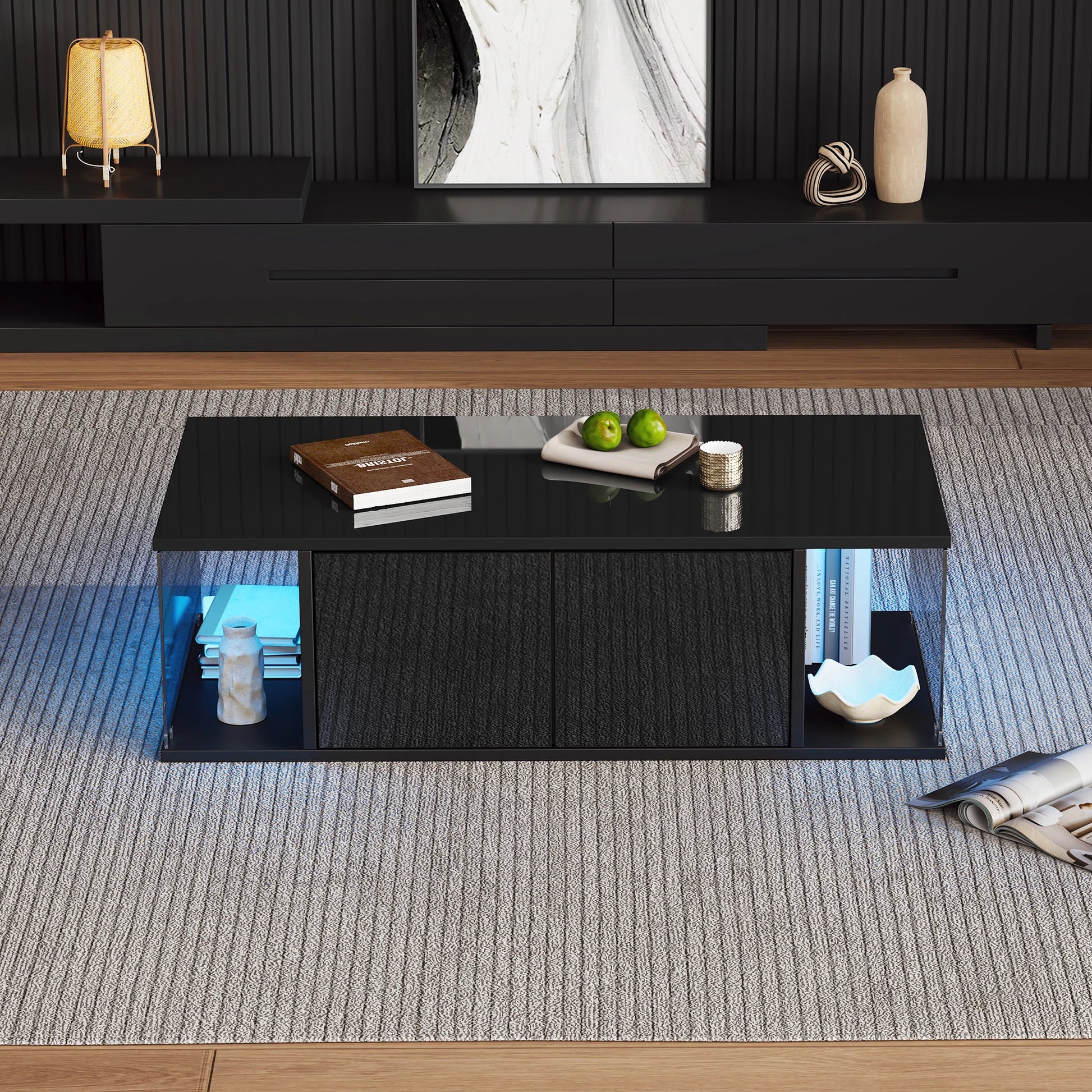 Table basse de salon noir en verre trompé -