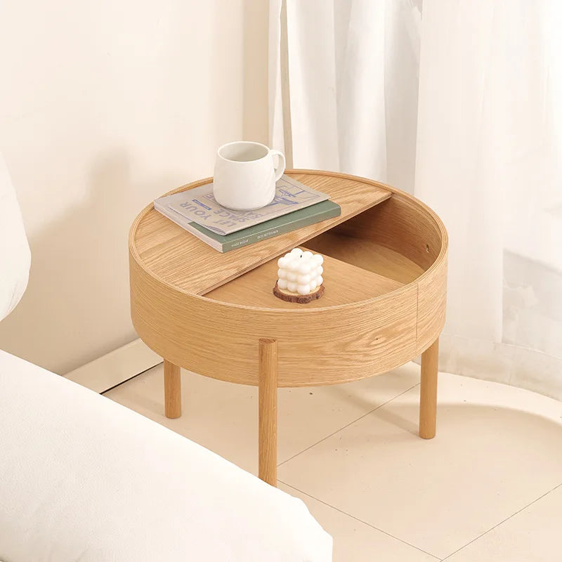 Table basse bois clair scandinave ronde avec rangement -