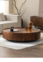 Table basse bois flottant ronde avec tiroirs sur le coté -