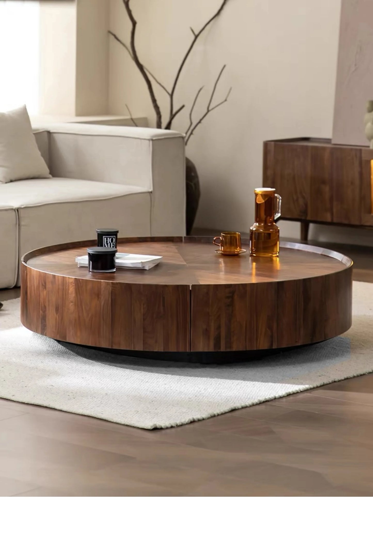 Table basse bois flottant ronde avec tiroirs sur le coté -