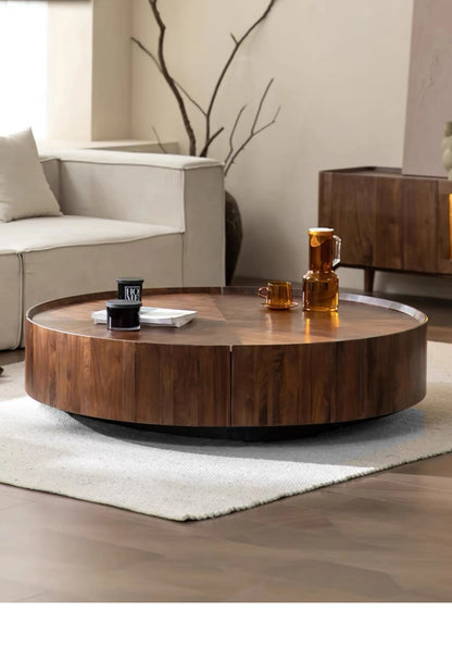 Table basse bois flottant ronde avec tiroirs sur le coté -