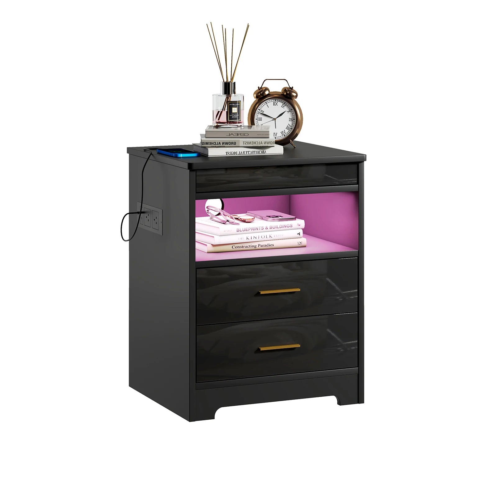 Table de chevet noir et bois avec prise -