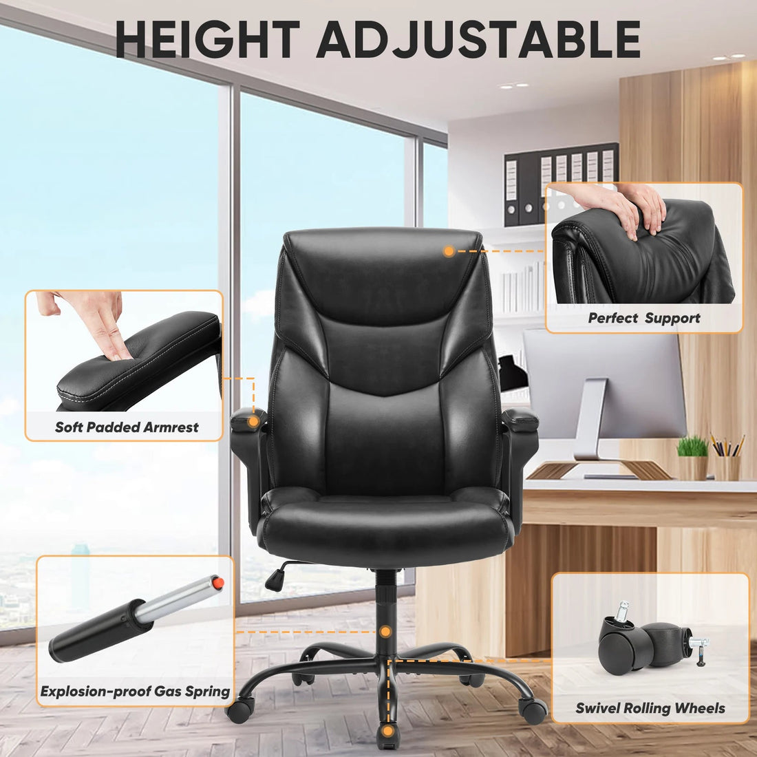 Chaise de bureau ergonomique en cuir - vente privée 14:193Fixed handrails BK;200007763:201336101