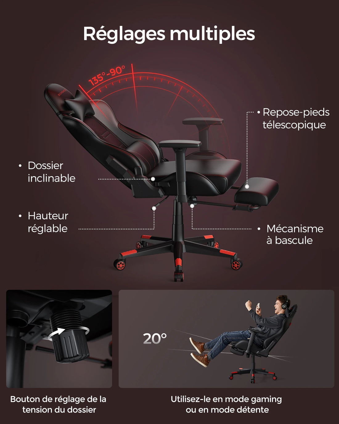Chaise de bureau pliable avec repose pieds et accoudoirs 3D - vente privée 14:200004890Noir;200007763:201336342