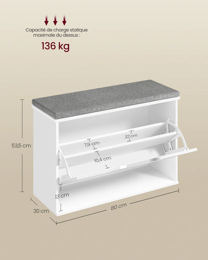 Étagère chaussures banc de couleur blanche 30 x 80 x 53.5 cm - vente privée 14:29Blanc nuage;200007763:201336101