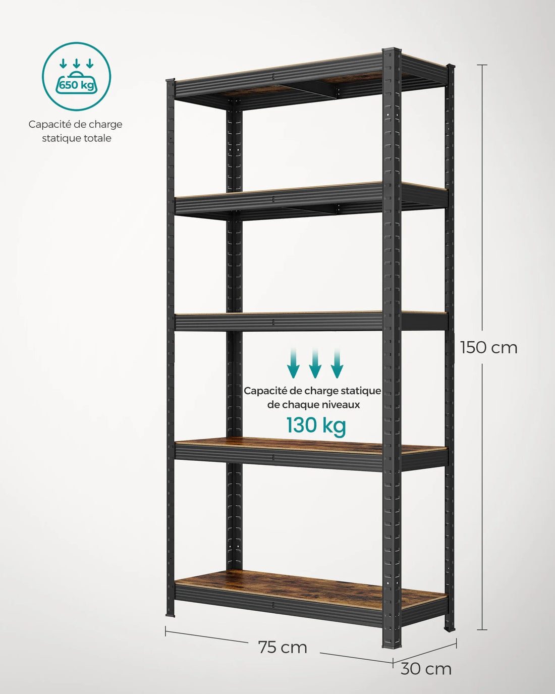 étagère garage solide 30 x 75 x 150 cm, 650 kg - vente privée 14:201805806Noir;200007763:201336342
