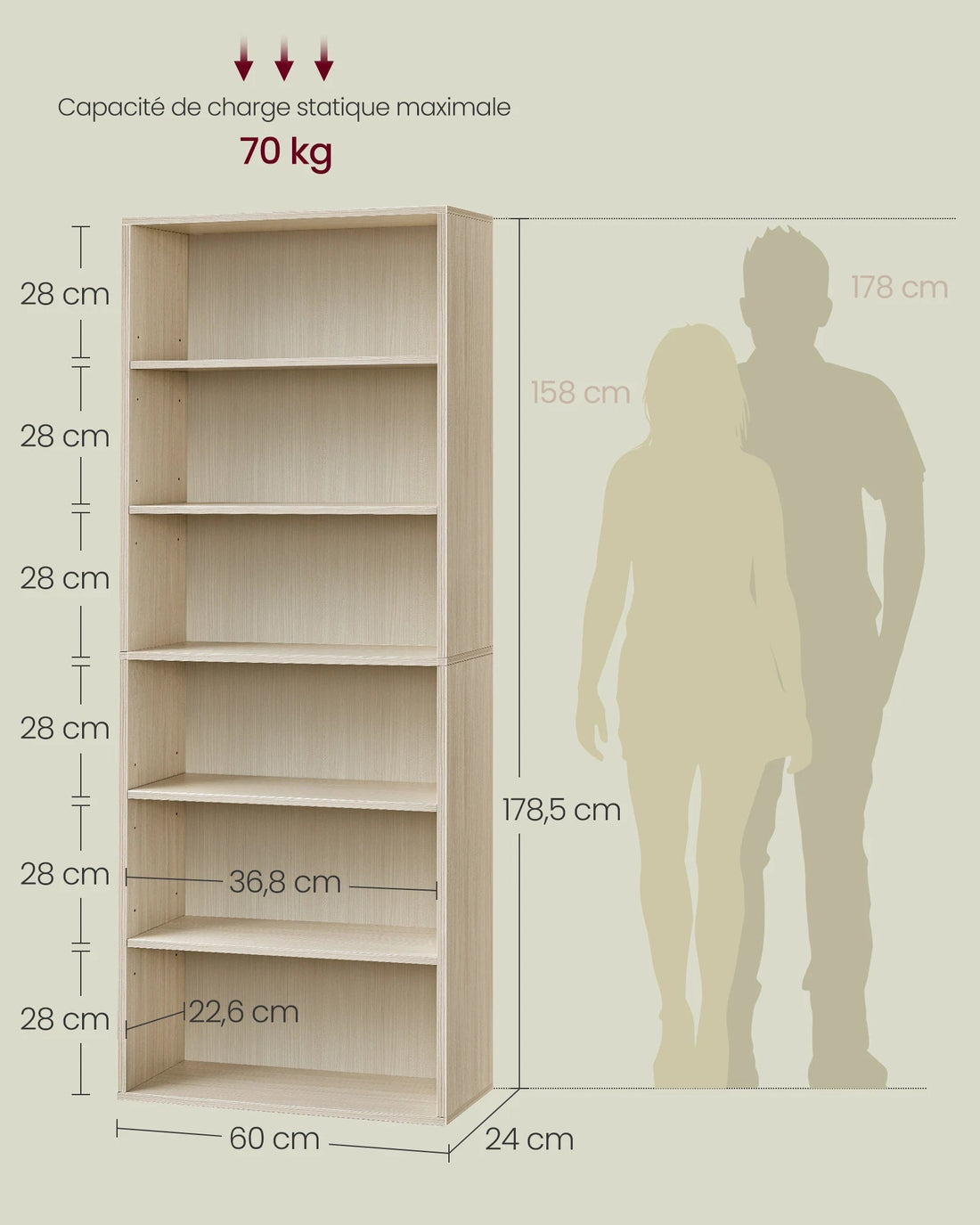Étagère livre beige naturelle 24 x 60 x 178.5 cm, - vente privée 14:200001438Beige Naturel;200007763:201336101