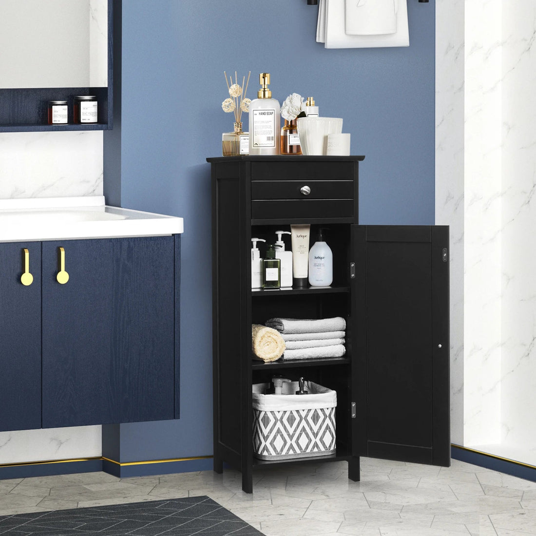 Étagère salle de bain bois avec porte 35.6*30.5*88CM - vente privée <none>