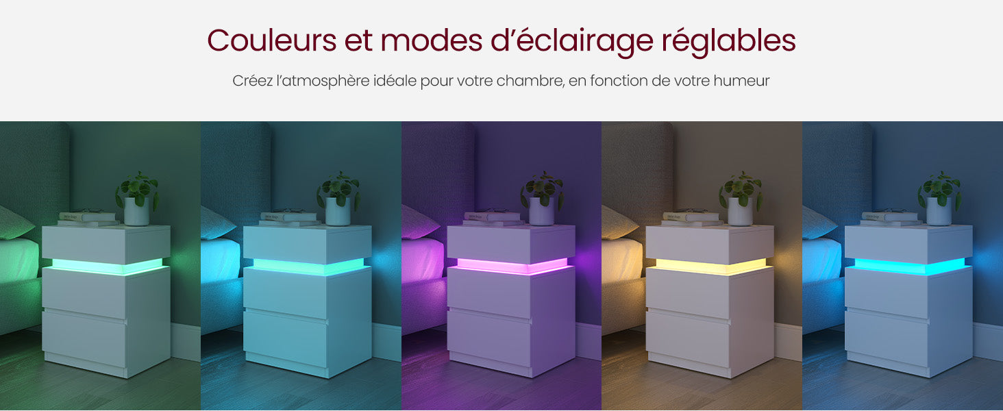 Table de chevet pas chère à LED et 3 tiroirs 2 pcs -