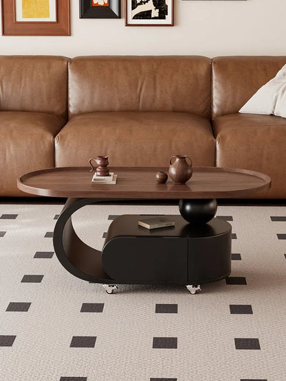 Medium style movable small coffee table household living room sofa side oval solid wood storage cart - vente privée 14:20001390280   40   45 H