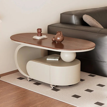 Medium style movable small coffee table household living room sofa side oval solid wood storage cart - vente privée 14:20001390280   40   45 H