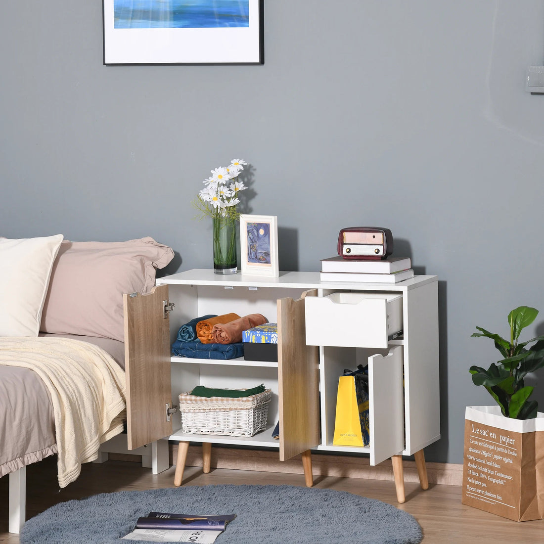 Meuble de rangement blanc et naturel en bois 90x30x72 cm - vente privée 14:29;200007763:201336104