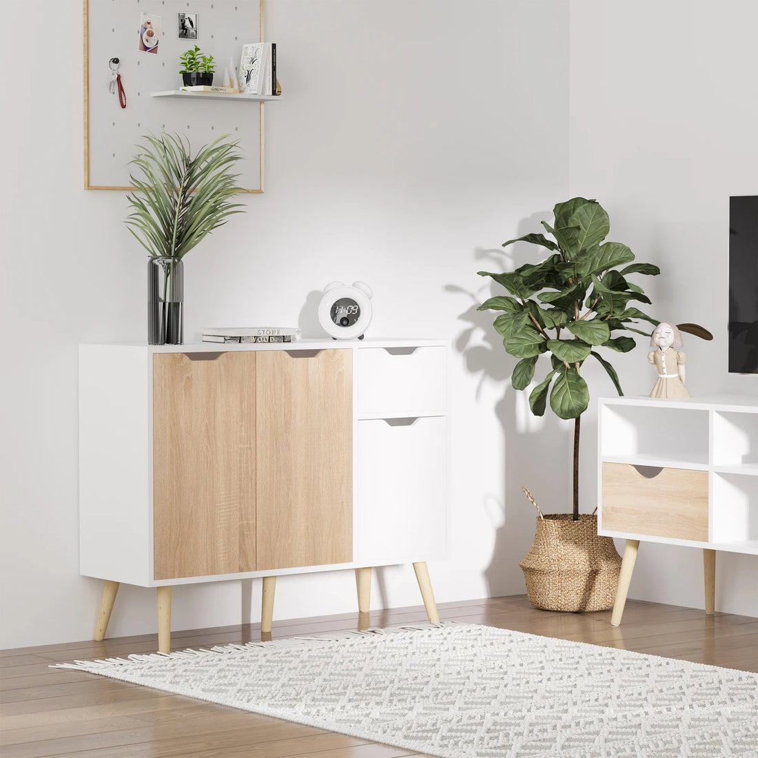 Meuble de rangement blanc et naturel en bois 90x30x72 cm - vente privée 14:29;200007763:201336104
