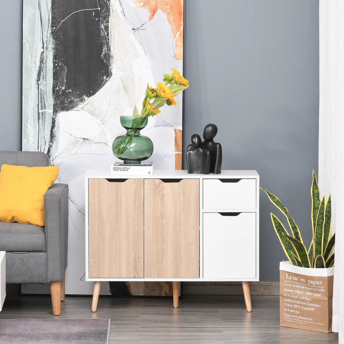 Meuble de rangement blanc et naturel en bois 90x30x72 cm - vente privée 14:29;200007763:201336104