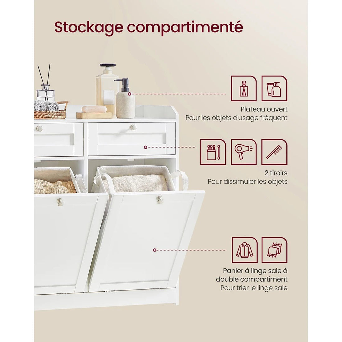 Meuble salle de bain avec panier linge - vente privée 14:29Blanc Nuage;200007763:201336101