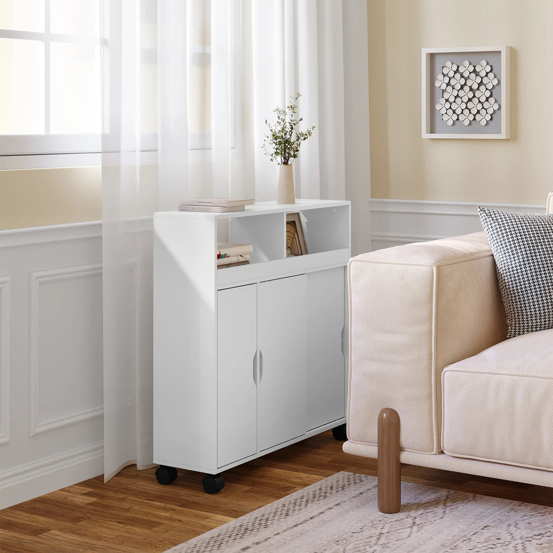 Meuble salle de bain avec portes coulissantes blanches - 70x71.5x20cm - vente privée 14:29;200007763:201336101