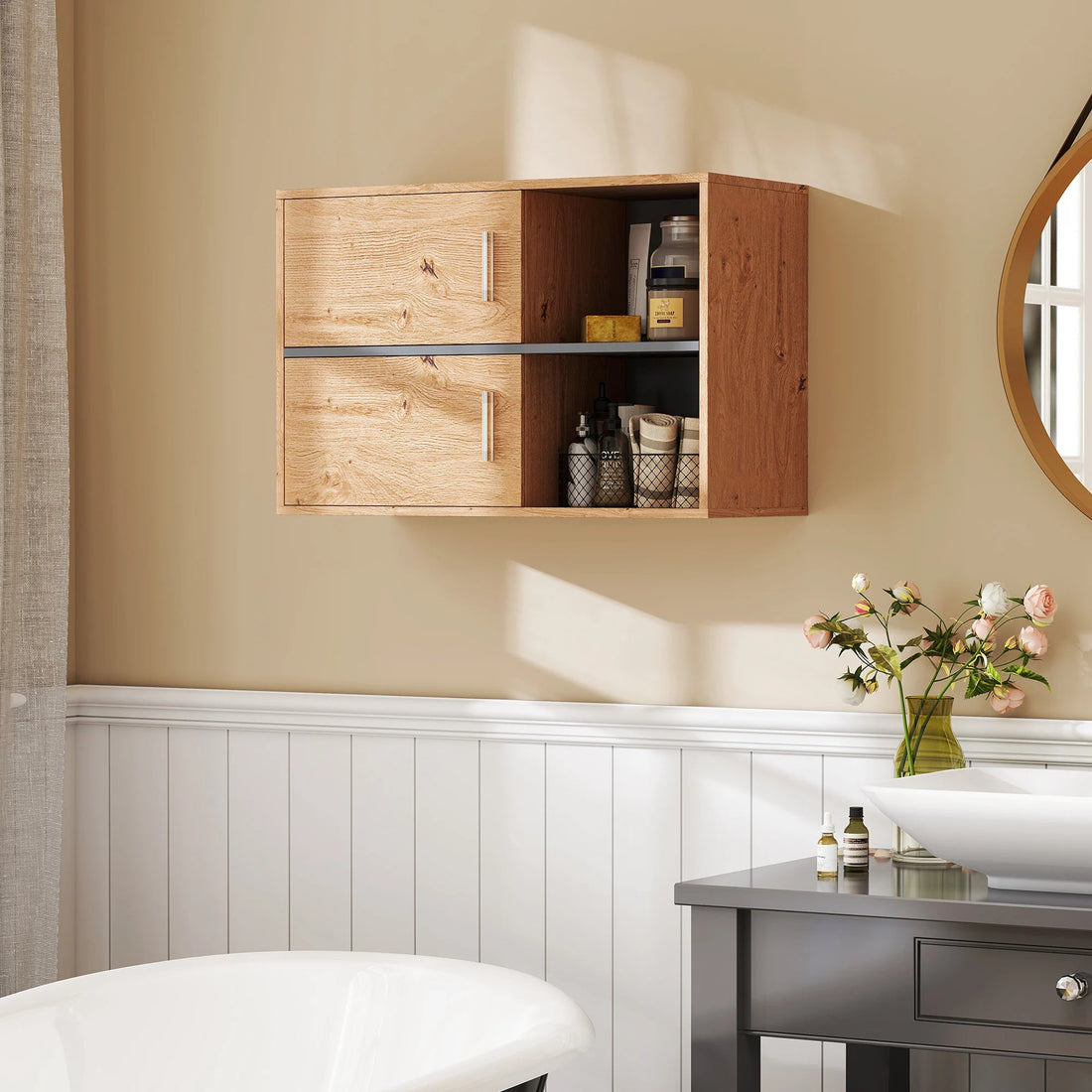 Meuble salle de bain bois suspendu naturel de 80X35X57.5 cm - vente privée 200007763:201336104