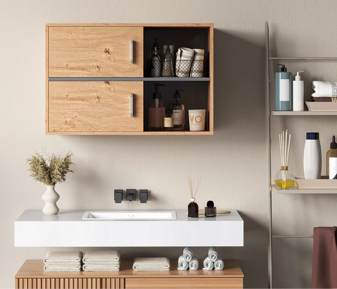 Meuble salle de bain bois suspendu naturel de 80X35X57.5 cm - vente privée 200007763:201336104