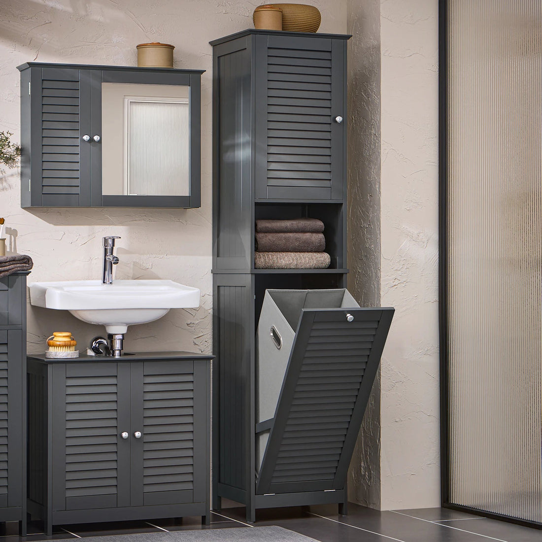 Meuble salle de bain étroit avec panier linge - vente privée 14:200004890;200007763:201336101