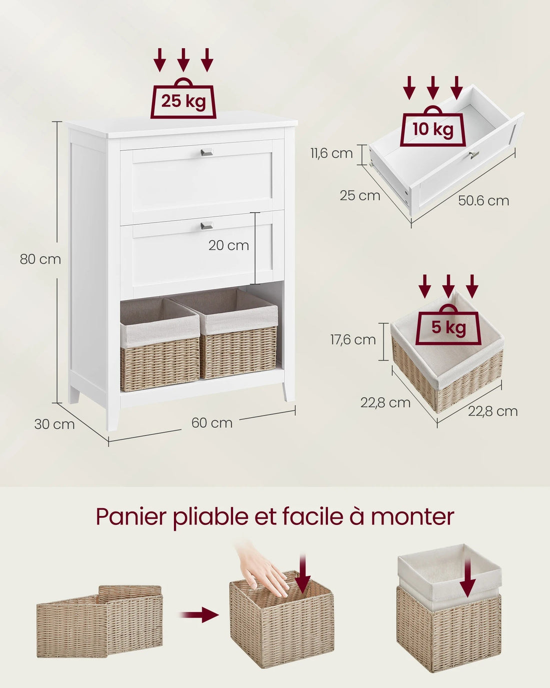 Meuble salle de bain sans vasque emplacement panier - 30 x 60 x 80 cm - vente privée 14:29Blanc Nuage;200007763:201336342