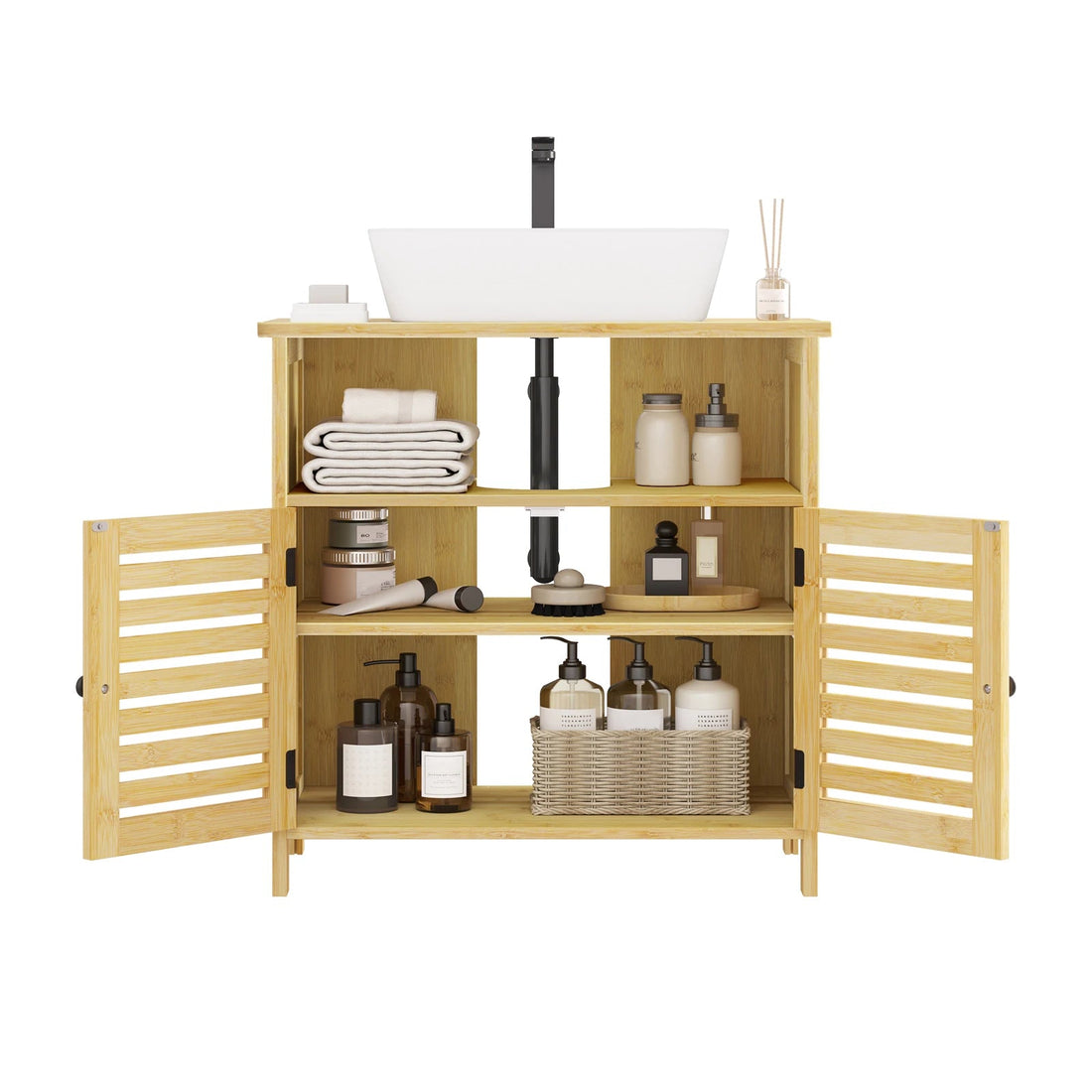 Meuble salle de bain sur pied étanche en bois 60x60x30cm - vente privée 14:366Natural bamboo;200007763:201336101
