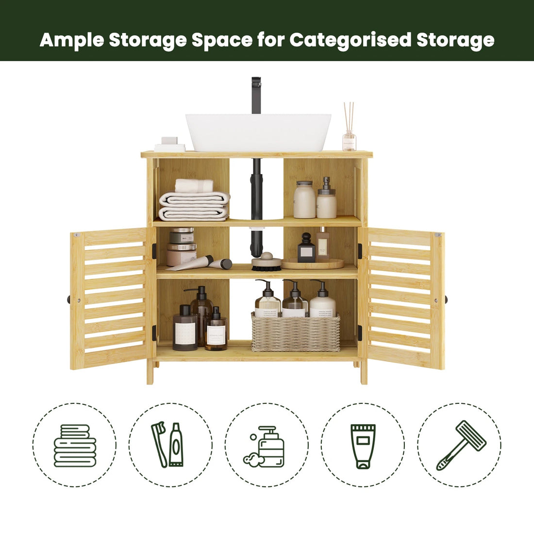 Meuble salle de bain sur pied étanche en bois 60x60x30cm - vente privée 14:366Natural bamboo;200007763:201336101