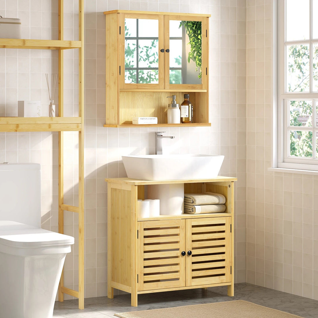 Meuble salle de bain sur pied étanche en bois 60x60x30cm - vente privée 14:366Natural bamboo;200007763:201336101