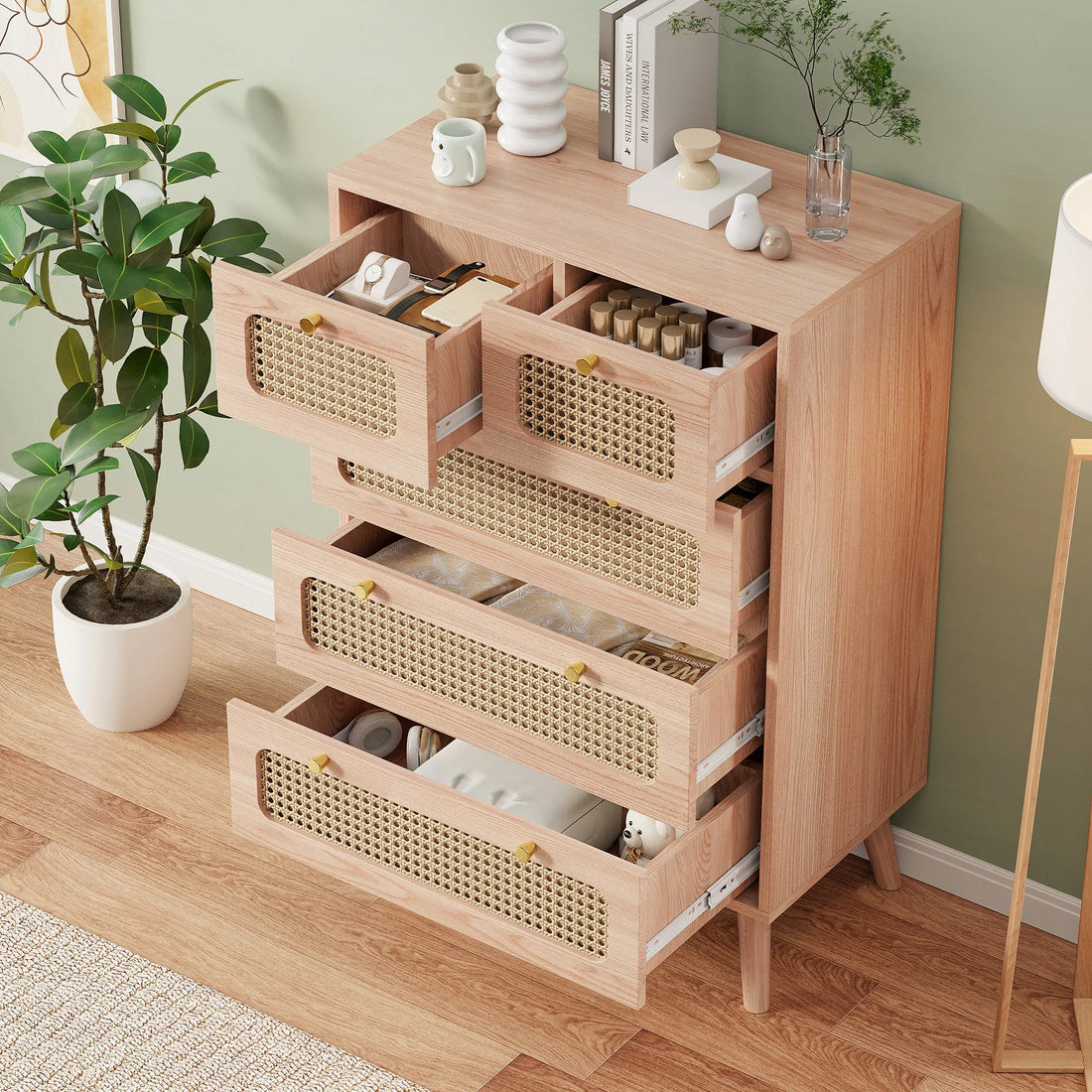 Petit meuble de rangement bois et tiroirs en rotin - vente privée 14:200844061Wood Color-6 Drawers;200007763:201336101
