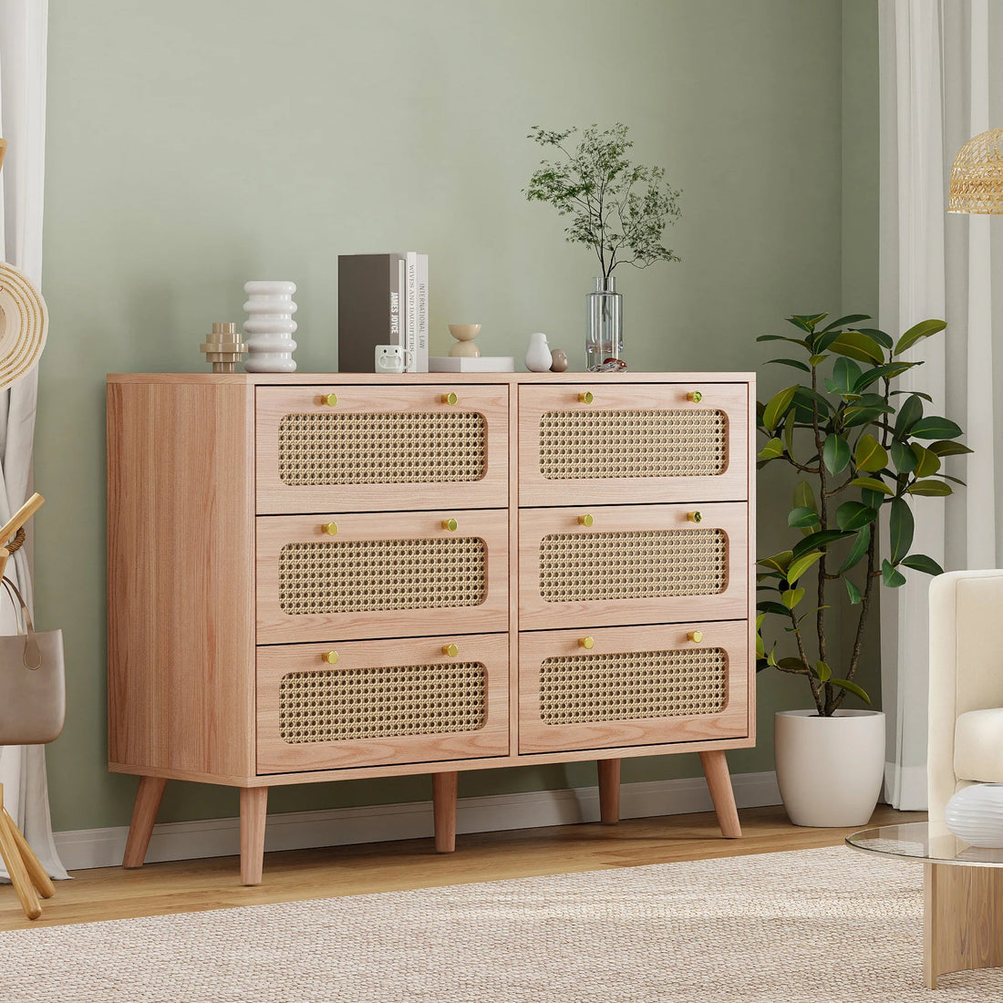 Petit meuble de rangement bois et tiroirs en rotin - vente privée 14:200844061Wood Color-6 Drawers;200007763:201336101