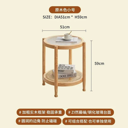 Solid Wood Rattan Woven Coffee Table Living Room Sofa Side Table Japanese Round Glass Table Mobile Storage Ddesk Home Furniture - vente privée 14:173Log color A