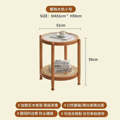 Solid Wood Rattan Woven Coffee Table Living Room Sofa Side Table Japanese Round Glass Table Mobile Storage Ddesk Home Furniture - vente privée 14:193Cherry wood color A