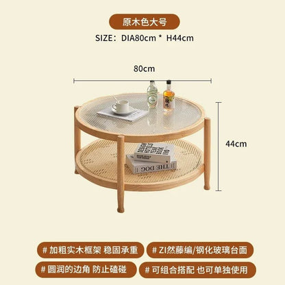 Solid Wood Rattan Woven Coffee Table Living Room Sofa Side Table Japanese Round Glass Table Mobile Storage Ddesk Home Furniture - vente privée 14:200000195Log color B