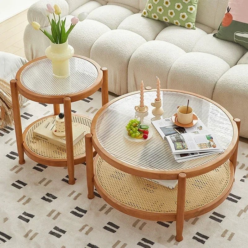 Solid Wood Rattan Woven Coffee Table Living Room Sofa Side Table Japanese Round Glass Table Mobile Storage Ddesk Home Furniture - vente privée 14:200004889black A