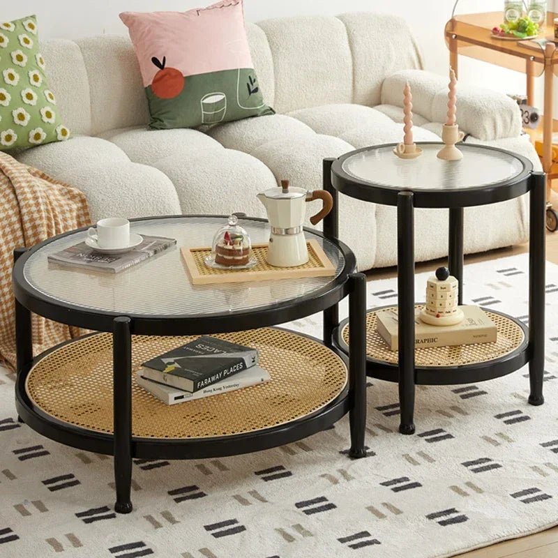 Solid Wood Rattan Woven Coffee Table Living Room Sofa Side Table Japanese Round Glass Table Mobile Storage Ddesk Home Furniture - vente privée 14:200004889black A