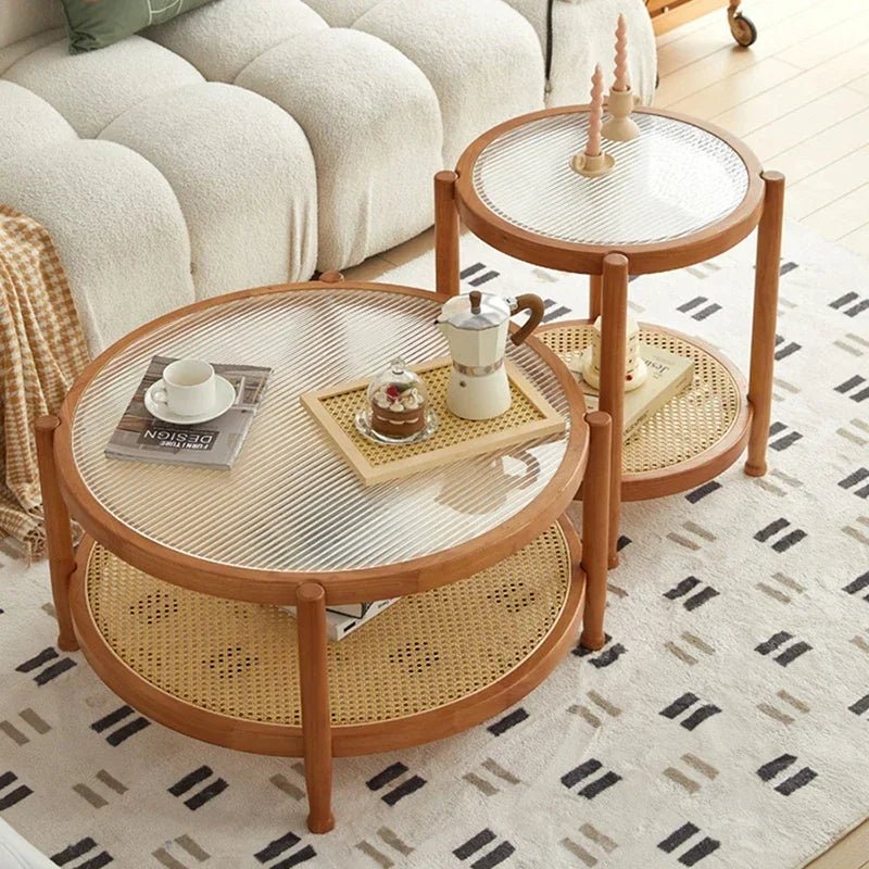 Solid Wood Rattan Woven Coffee Table Living Room Sofa Side Table Japanese Round Glass Table Mobile Storage Ddesk Home Furniture - vente privée 14:200004889black A