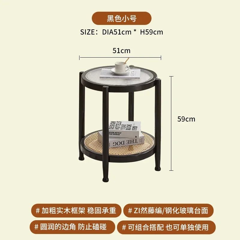 Solid Wood Rattan Woven Coffee Table Living Room Sofa Side Table Japanese Round Glass Table Mobile Storage Ddesk Home Furniture - vente privée 14:200004889black A
