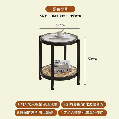 Solid Wood Rattan Woven Coffee Table Living Room Sofa Side Table Japanese Round Glass Table Mobile Storage Ddesk Home Furniture - vente privée 14:200004889black A