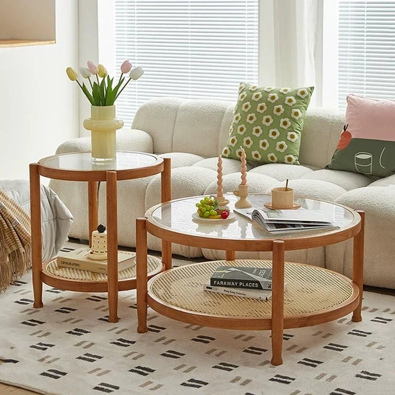 Solid Wood Rattan Woven Coffee Table Living Room Sofa Side Table Japanese Round Glass Table Mobile Storage Ddesk Home Furniture - vente privée 14:200004889black A