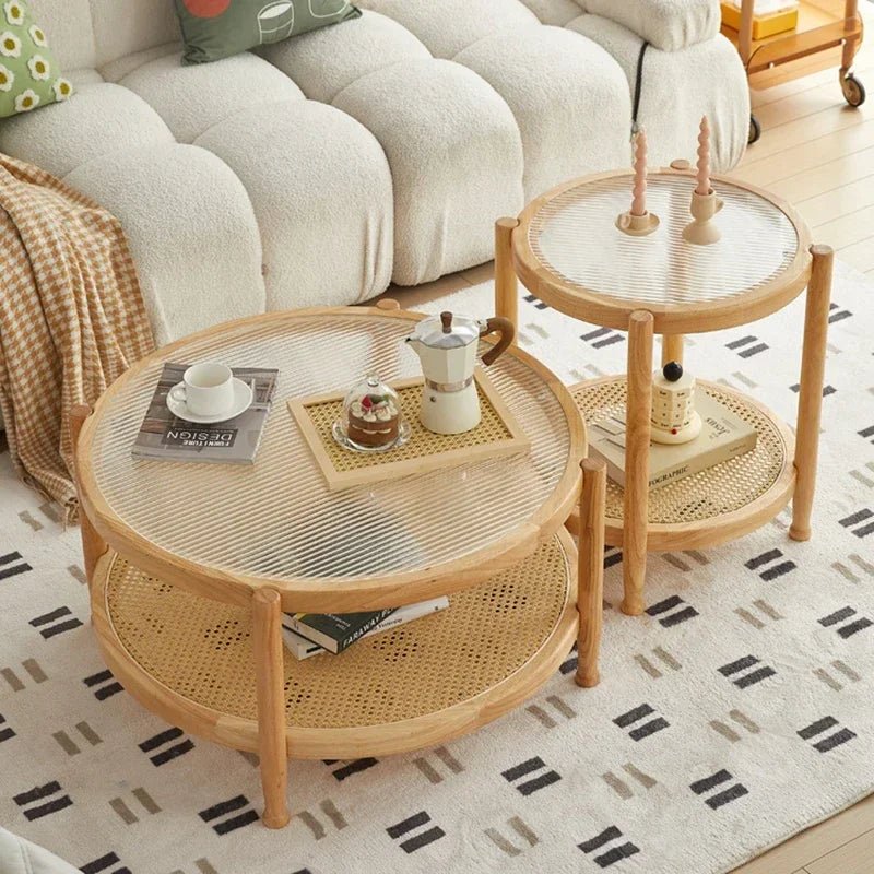Solid Wood Rattan Woven Coffee Table Living Room Sofa Side Table Japanese Round Glass Table Mobile Storage Ddesk Home Furniture - vente privée 14:200004889black A