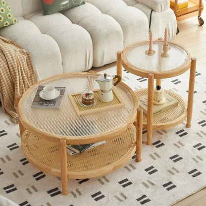 Solid Wood Rattan Woven Coffee Table Living Room Sofa Side Table Japanese Round Glass Table Mobile Storage Ddesk Home Furniture - vente privée 14:200004889black A