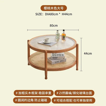 Solid Wood Rattan Woven Coffee Table Living Room Sofa Side Table Japanese Round Glass Table Mobile Storage Ddesk Home Furniture - vente privée 14:200844060Cherry wood color B