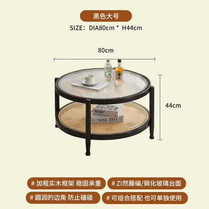 Solid Wood Rattan Woven Coffee Table Living Room Sofa Side Table Japanese Round Glass Table Mobile Storage Ddesk Home Furniture - vente privée 14:365458black B