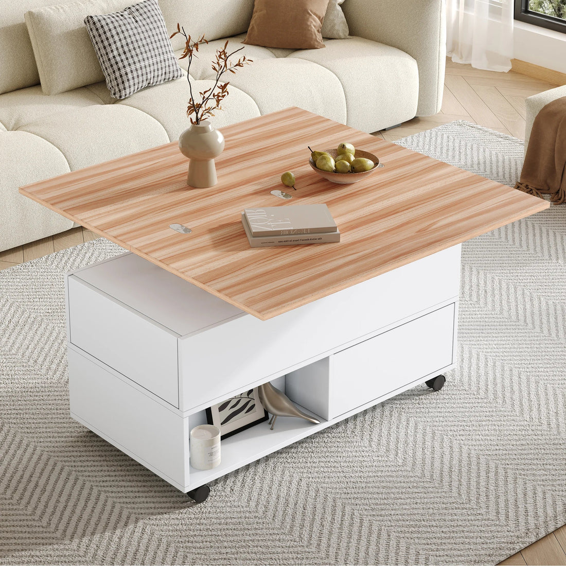 Table basse bois avec tiroirs rectangulaire et plateau soulevable - vente privée 14:29;200007763:201336101