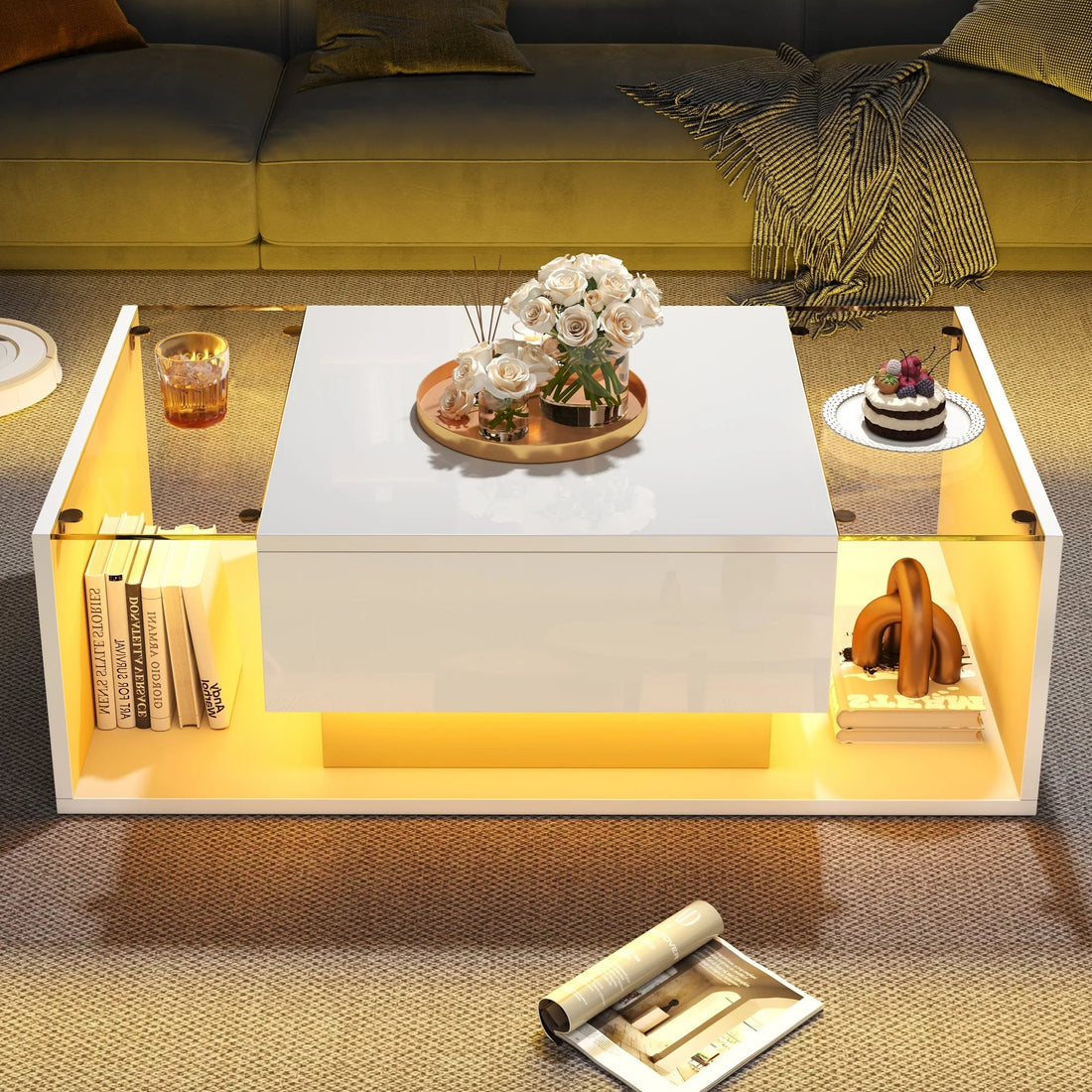 Table basse bois blanche et verre + led lumineux - vente privée 14:29;200007763:201336101
