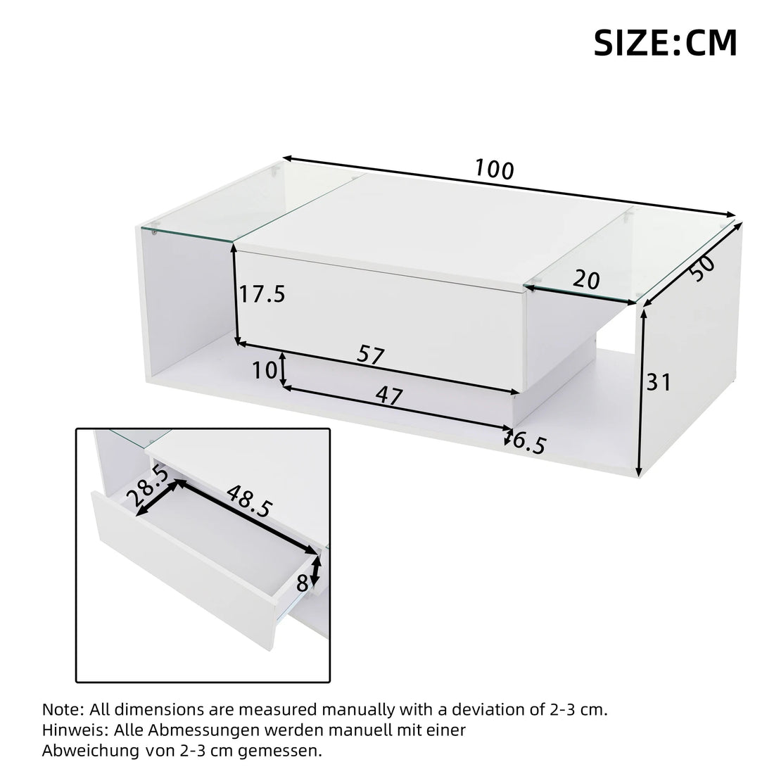 Table basse bois blanche et verre + led lumineux - vente privée 14:29;200007763:201336101