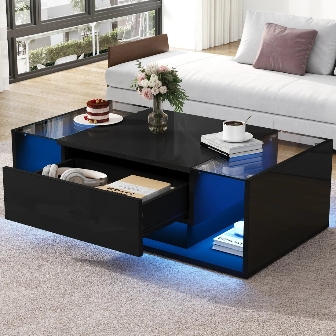 Table basse bois blanche et verre + led lumineux - vente privée 14:29;200007763:201336101