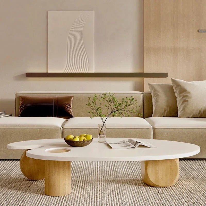 Table basse bois blanchi à forme ovale - vente privée 14:496140x70x31cm