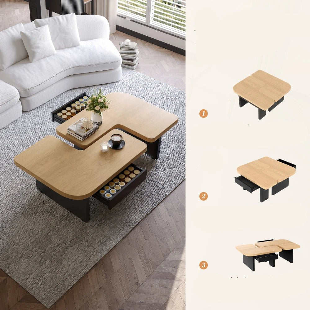 Table basse bois ronde et carré originale avec compartiments tiroirs - 14:200844062MDF + Contemporary;200007763:201336101