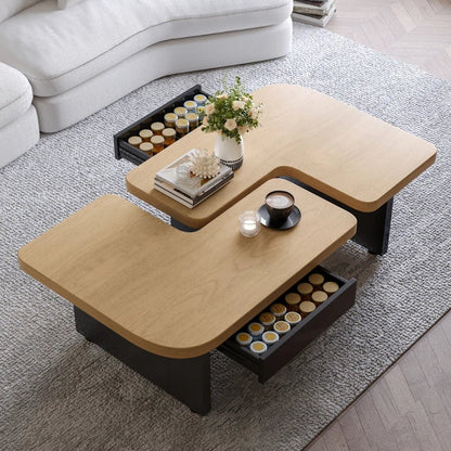 Table basse bois ronde et carré originale avec compartiments tiroirs - 14:200844062MDF + Contemporary;200007763:201336101