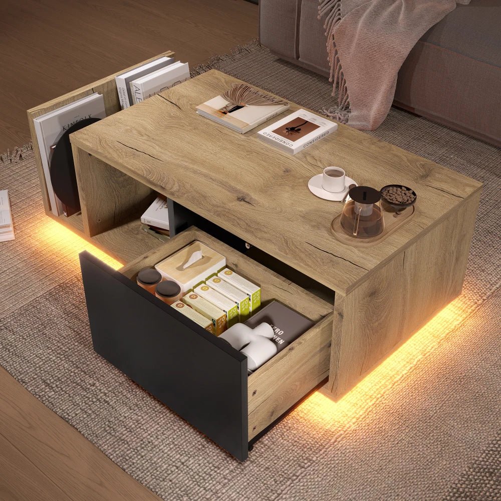 Table basse bois ronde et carré originale avec compartiments tiroirs - vente privée 14:200844062MDF + Contemporary;200007763:201336101